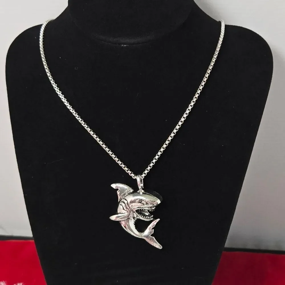 Silver Shark Pendant Necklace Stainless Steel Ocean Statement Box Chain Surfer